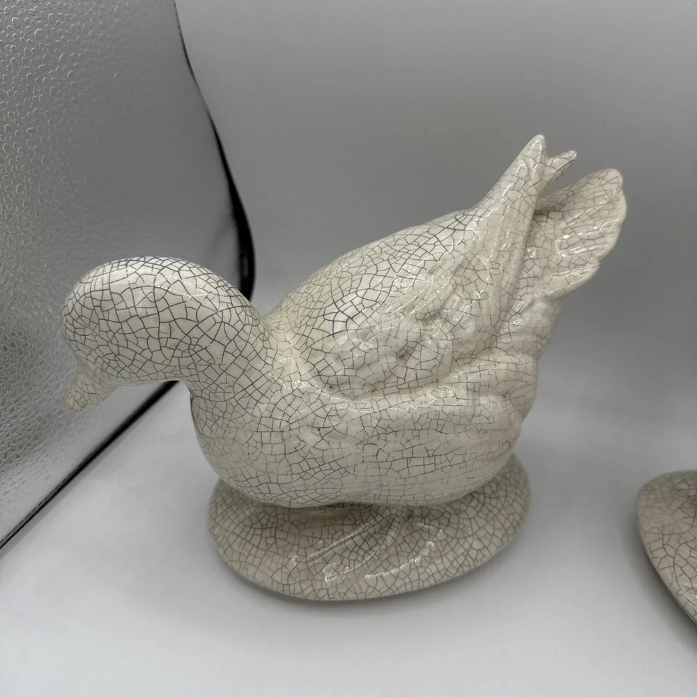 Vtg Set Of 2 Ducks Crackle Glaze Ceramic Statues Farm Decor White Mallard Large